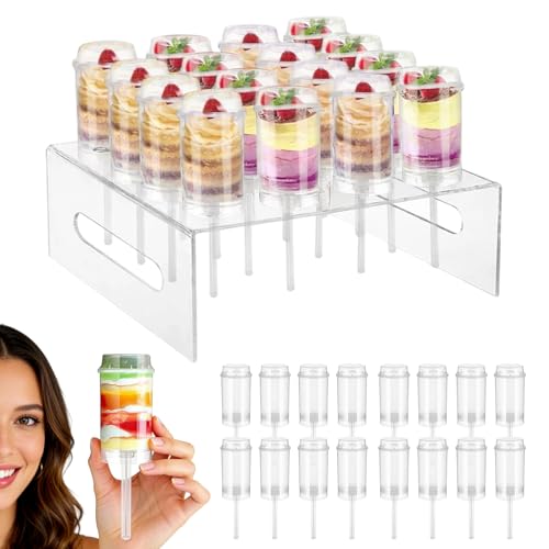 16-Pack Cake Push Pop Containers with Lids - Reusable Round Plastic Push Pop Containers with 16-Hole Stand, Handmade DIY Cake Dessert Cup Molds, for Wedding & All Party