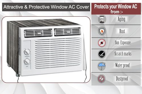 Image of The Furnishing Tree Window AC Cover for 1 Ton Capacity PVC Waterproof and Dustproof Wooden Pattern Black
