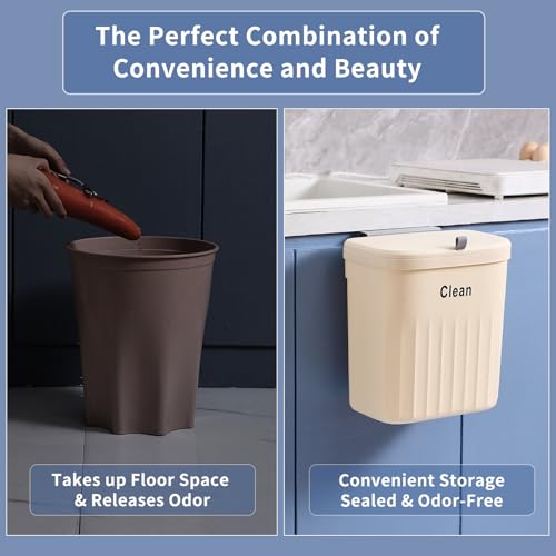 Image of Hanging Trash Can with Lid, 2.2 Gallon Kitchen Garbage Bin Food Waste Container Kitchen Compost Bin Wall Mounted Trash Can for Kitchen, Cupboard, Bathroom, Bedroom, Office, Under Sink - Beige