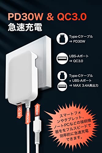 【新版】USB充電器 PD30W 急速充電器 Type-C 充電器 タイプc GaN30w(PD30W&QC3.0/Type-Cケーブル&USB A/PSE認証/16mm超薄型)スマホ充電器 折りたたみ式プラグ ２つ同時充電 ACアダプター コンセント iPhone15 Pro/Galaxy/Android/Switchその他 USB-C/USB-A各種機器対応