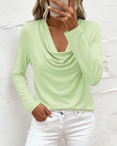 PRETTYGARDEN Womens Spring Tops 2026 Dressy Cowl Neck Long Sleeve Shirts Loose Business Casual Blouses Teacher Tunic Top(Light Green,3X-Large) — view 3