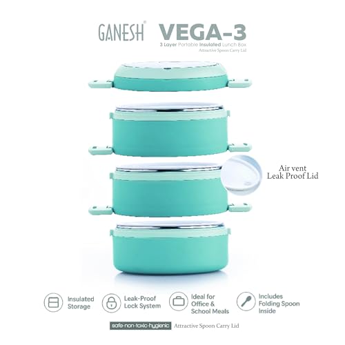 Image of Ganesh 3 Compartment Vega Insulated Food Container with Attractive Spoon - Airtight Leak-Proof Lunch Box for Office, School, Picnic 1200ml - Peach