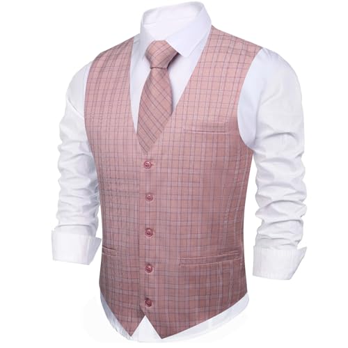Barry.Wang Mens Plaid Suit Waistcoat Wool Blend Tailored Collar/V-neck 3 Pocket Check Vest Formal/Leisure2