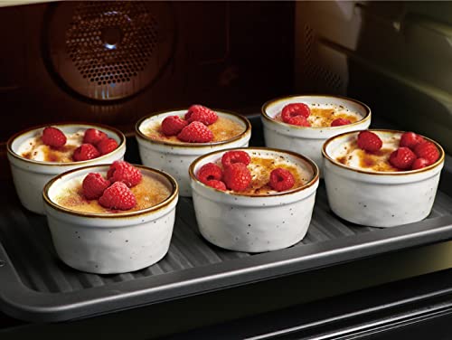 ONEMORE Ramekins 6 oz Oven Safe, Ceramic Souffle Dishes with Brown Rim, Speckled Baking Cups for Creme Brulee Pudding Custard Ice Cream Charcuterie Board Mini Bowls Set of 6 - Creamy White