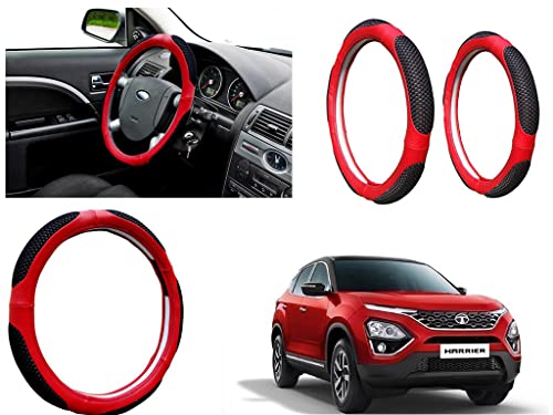 Image of Microfiber Car Steering Wheel Cover, Soft Padding Great Hand Feel, Anti-Slip, Faux Leather Steering Cover for Tata Harrier | Black Red Jali - Pack of 1