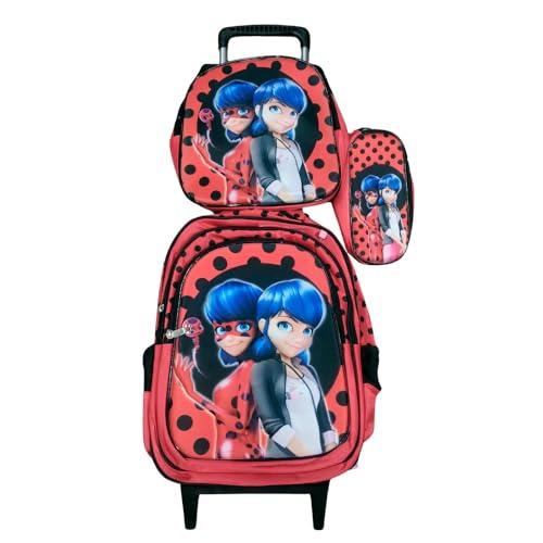 Kit Mochila Infantil com Rodinhas Ladybug 3D + Lancheira Térmica + Estojo Escolar