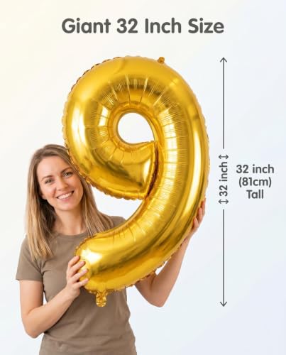 Image of YPSelected 32 Inch Large Foil Helium Number Balloon Birthday Wedding Party 0-9 (Gold, 9)