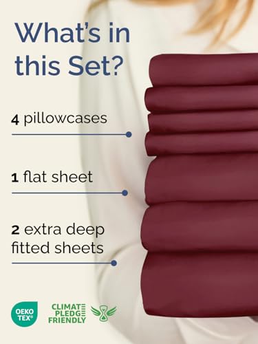 Image of Extra Deep Split King Sheet Set - 7 Piece Breathable & Cooling - Burgundy | Hotel Luxury Bed Sheets Set, Easy & Secure Fit, Ultra-Soft, Wrinkle & Fade Free, Comfy Sheets Set with Extra Deep Pockets