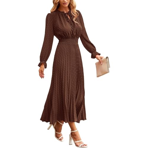 Damen Herbst Kleider Langarm V-Ausschnitt Schweizer Punkte Maxikleid Boho Langes Kleid Hohe Taille A-Linie Rüschen Kleid Einfarbig Wickelkleid...