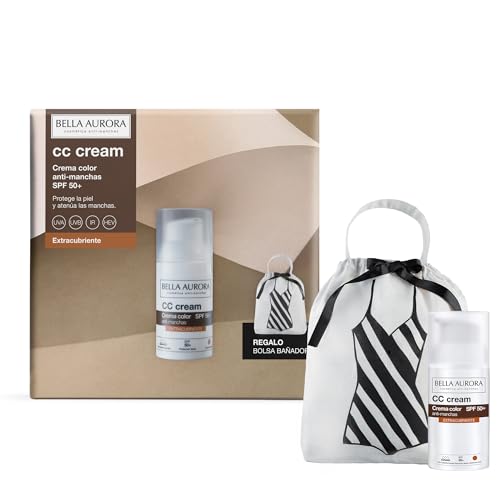 BELLA AURORA - Pack CC Cream Antimanchas Extracubriente SPF50+ 30 ml + Bolsa Regalo, Protector Solar Antimanchas, Crema Color Antimanchas, para Hiperpigmentaciones y Unificar Tono, Crema Solar Facial