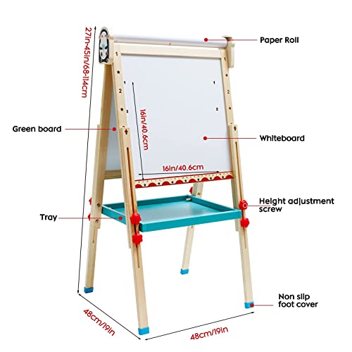Kinder Spiel-Tafel aus Holz mit Papierrolle Doppelseitige Whiteboard und Tafel Staffelei mit Zahlen und Anderem Zubehör für Kinder und Kleinkinder (Pinguin)