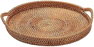 DASNTERED Rattan Tray With Handle, Round Woven Wicker Serving Tray Handmade Decorative Organiser Tray, Rustic Storage Basket for Parties, Breakfast, Coffee Tea, Snack(size:28cm)