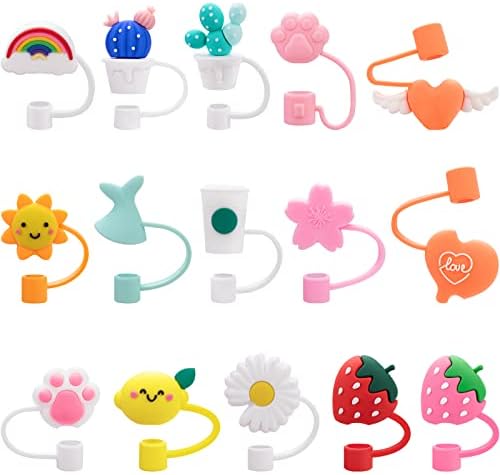 15 Pieces Straw Covers Cap Silicone Straw Tips Cover Reusable Drinking Straw Toppers for Tumblers Straw Tips Lids for 6-8 MM Cute Straws Plugs (Straw Not Include)