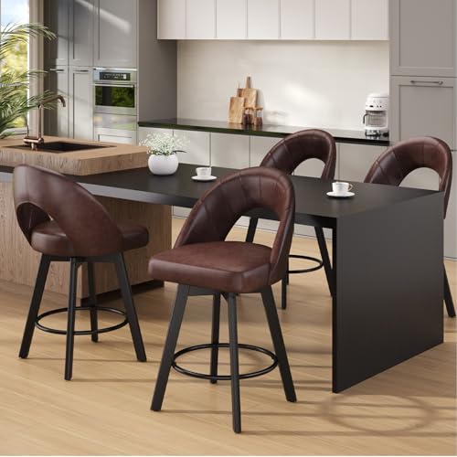 Image of YaFiti 24 inch Counter Height Bar Stools Set of 4, Modern Swivel Bar Stools with Ergonomic Curved Back, Faux Leather Seat & Solid Wood Legs, Saddle Brown