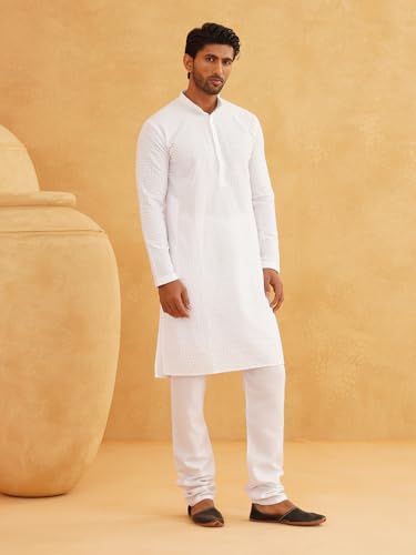 Image of SOJANYA (Since 1958 Men's Cotton Embroidered Thread Work Kurta With white churidar Pyjama