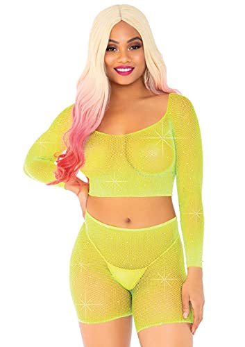 Leg Avenue Women s Rhinestone Fishnet Long Sleeve Crop Top and Biker Shorts Sexy Lingerie Set, Neon Yellow, O S