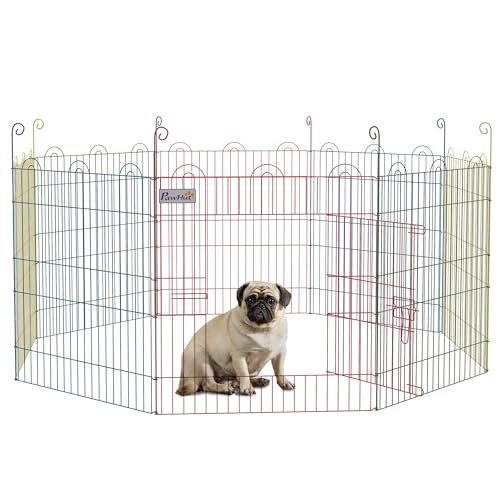 PawHut Parco per cani pieghevole a 8 pannelli, Ø156x60 cm, recinto in metallo per cuccioli, conigli, design fai da te, con cancello, paletti, interno ed esterno, multicolore