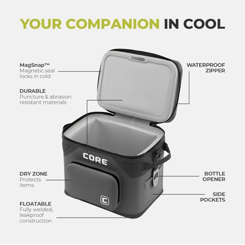 Image of CORE Magnetic Leak Proof Soft Cooler with Waterproof Zipper | Insulated Bag Portable Ice Chest Box | Best Soft Cooler for Food & Beverages for Tailgating, Car Camping, Travel, and Family Beach Picnics