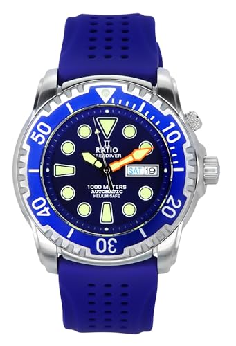 RATIO FreeDiver Helium-Safe Dive Watch Sapphire Crystal Automatic Diver Watch 1000M Water Resistant Diving Watch for Men (Blue)