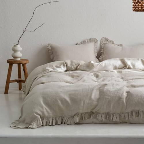 Simple&Opulence 100% Linen Duvet Cover Set, 3 PCS Natural French Flax Ruffle Duvet Cover Queen Size, Breathable Comfy Linen Bedding Comforter Cover with 2 Pillowcases (Natural Linen, 88' X 92')