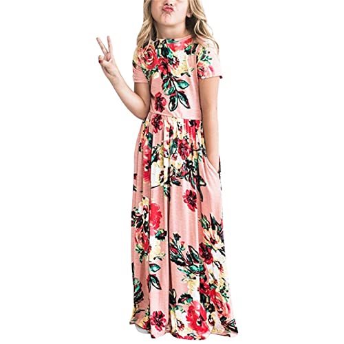 Generic Girl's Short Sleeve Floral Print Dress Loose Casual Long Maxi Dress with Pockets 4 to 12 Years2