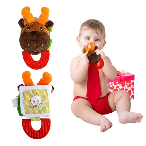 Wristy Buddy Teething Ring for Babies 0-6 8 10 12 Months | Cute Soft Moose Animal Teething Toys & Gloves | Baby Teething Relief Toy Pack | Infant Chew...