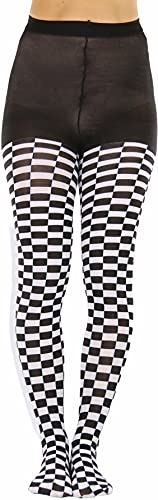 Image of ToBeInStyle Women's Harlequin Checkered Diamond Optical Illusion Opaque Tights Pantyhose - Black & White