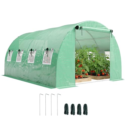 Outsunny Serre Tunnel de Jardin 12m², Serre de Jardin Tunnel 295x400x200cm avec Cadre en Acier galvanisé, 2 Portes et 8 fenêtres avec moustiquaires pour extérieur bâche PE Haute densité 140 g/m² Vert