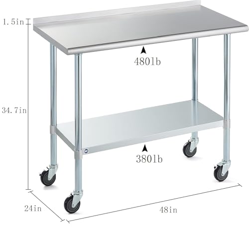 Image of Stainless Steel Table for Prep & Work with Caster & Backsplash 24x48 Inches, NSF Metal Commercial Kitchen Heavy Duty Table with Adjustable Under Shelf and Table Foot for Restaurant, Home and Hotel