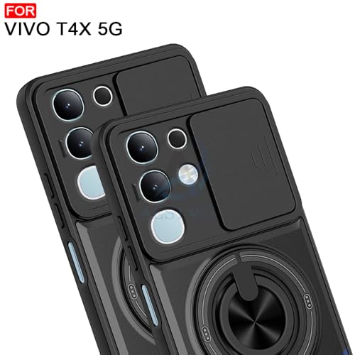 Image of AESTMO Vivo T4X / Z10X / Y31 Pro 5G Back Cover | Armor Camera Slider 360 Degree Rotating Finger Ring Holder Case with Bracket Stand Back Case Cover (Compatible with MagSafe Accessories) (Black)