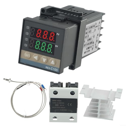 Allthingstore REX-C100 - Kit de controlador de temperatura, termostato controlador de temperatura + termopar K / sensor de temperatura + relé de estado sólido SSR