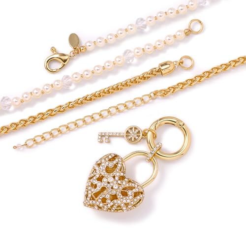 JTV Gold Tone Heart Lock & Key Necklace for Women – White Crystal & Pearl Simulant Pendant with Interchangeable Chains – Elegant Jewelry Gift Box Included3