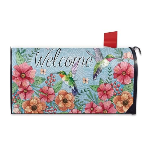 Image of Welcome Spring Summer Mailbox Cover Magnetic Standard Size 20.5 inch x 18 inch, Hummingbird Anemone Flower Blue Decorative Post Letter Box Wrap Decor, Floral Seasonal Garden Yard Outdoor Decoration