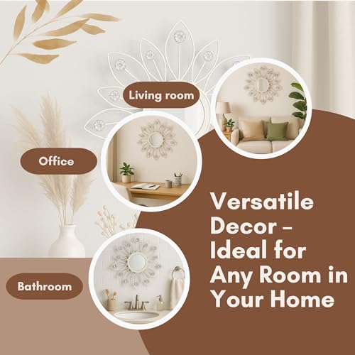 Image of Metal Sunflower Mirror Wall Decor with Crystals Decorative Mirror Wall Mounted | Mirror Wall Decor for Living Room Beautiful Modern Designer | Hanging Mirror Sculpture Set of 3 (Crystal White)