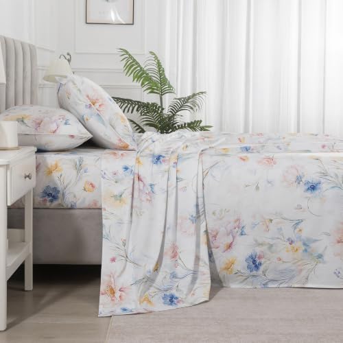 Image of Vintage Blue Floral Percale Bed Sheets California King Deep Pocket | 100% Cotton Neutral Flower Sheet Set, Botanical Printed French Country Sheets, Shabby Chic Bedding, Soft Crisp, White, 4Pcs