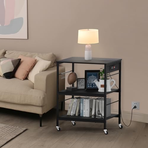 Bakers Rack with Power Outlet Microwave Shelf Stand Black Coffee Bar Table Cart 3 Tier Kitchen Carts on Wheels with Storage and 10 S-Shaped Hooks for Living Room Dining Room Office