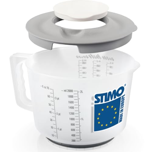 Messbecher 2L Rührbecher mit Deckel Spritzschutz und Ausgießer Stoppboden Skala ml Gramm Rührbehälter