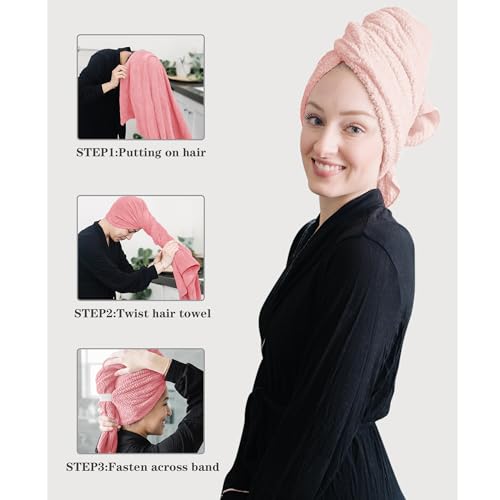Image of ROLSHOL 2 Packs Large Microfiber Hair Towels for Women, Super Absorbent & Quick Dry Hair Towel Wrap for Curly Long & Short Hair- Anti-Frizz Hair Turbans for Wet Hair（Coral Pink & Pink） - 27.5''*39.4''