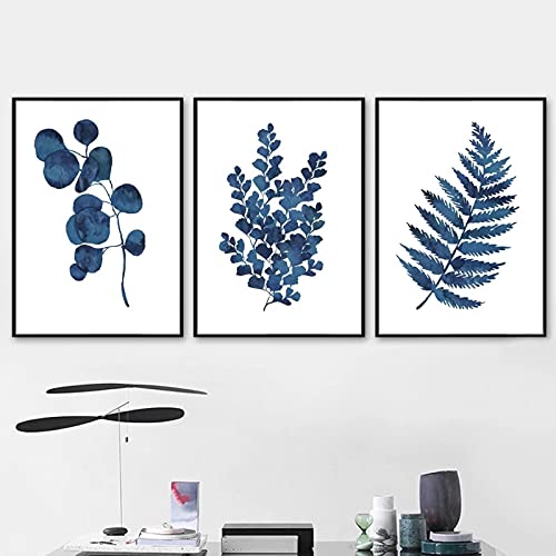 Peinture murale 31.5x29.5 giclée d'art premium aux détails de feuilles bleues d'inspiration nordique