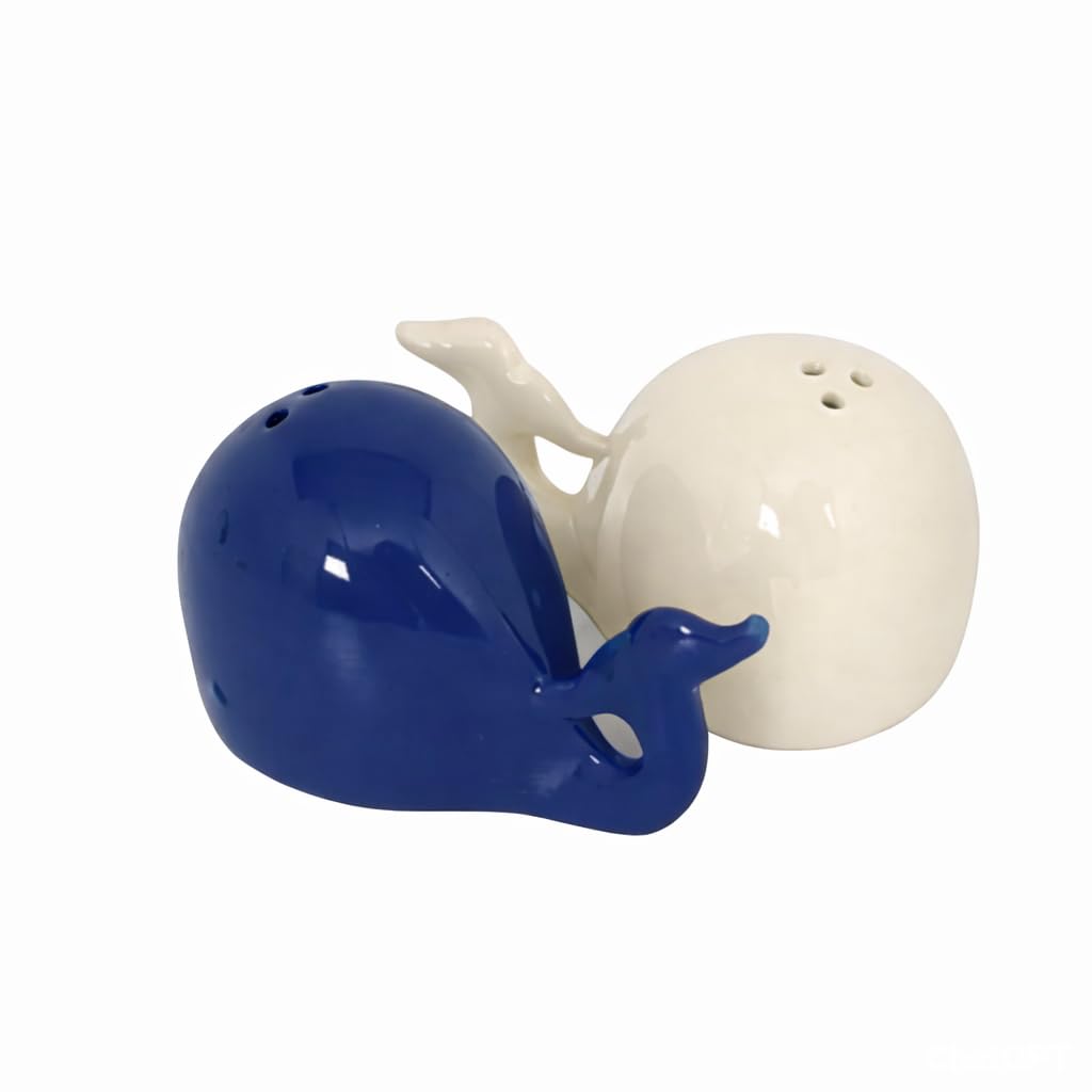 Duo di sale e pepe balene in ceramica, design marino, blu e beige, 4,5 x 8 cm