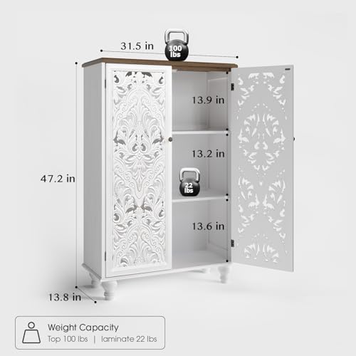 Image of Accent Cabinet with Doors, 47 inch Tall Buffet Cabinet with Solid Wood Legs, Freestanding Sideboard for Living Room, Entryway, Dining Room, Bedroom, White