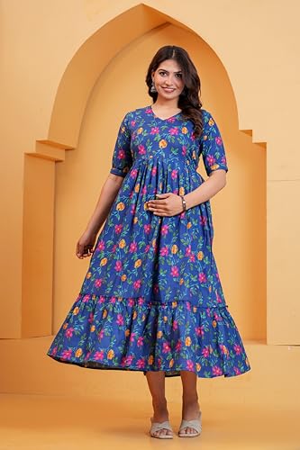 Image of The Moon Star Women's Cotton Floral Printed Anarkali Maternity Feeding Kurti | Breastfeeding Dress for Mothers | Zipper Feeding Kurti, Nursing Kurti, Comfortable and Trendy Maternity Wear