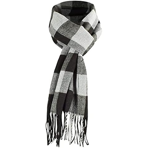 heekpek Mens Scarves Winter Soft Warm Tassel Scarf for Women Men Cashmere Feel Stripe Plaid Tartan Scarf, Black and grey, One size Cover