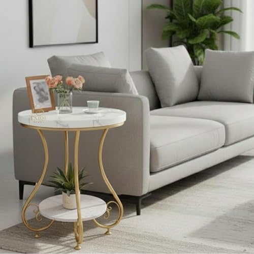Image of Modern Marble Top Side Table with Metal Frame | Round End Table for Living Room & Bedroom (White Gold)
