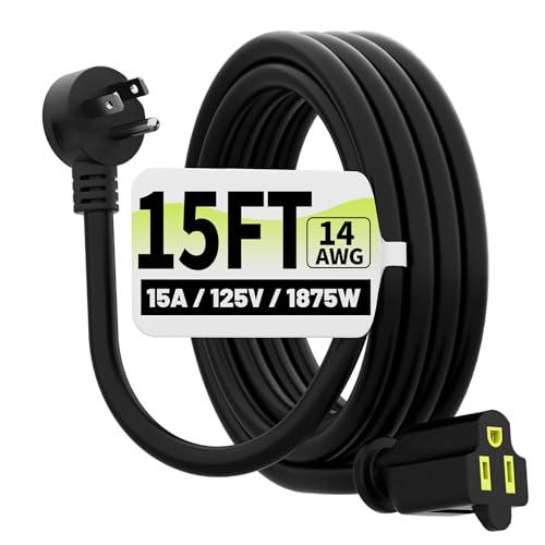 Vockjour 15 FT Black Low Profile Flat Plug 14 Gauge Heavy Duty Extension Cord 14AWG 3-Wire Grounded Appliance Extension Cord 15A/125V/1875W SJTW ETL Listed Power Cord