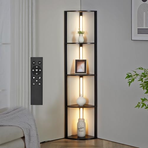TUXOIUBA LED Corner Floor Lamp with 5-Tier Display Shelves, 162cm Modern Storage Light with Remote Control, 2700K-6000K Dimmable, Black