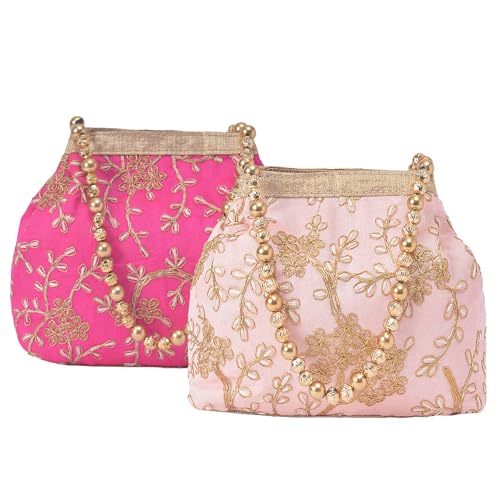 Image of Kuber Industries Pack of 2 Potli Bags for Ladies & Girls | Women Shagun Pouches for Festive Seasons | Bridal Purse | Moti Embroidery- Peach & Pink