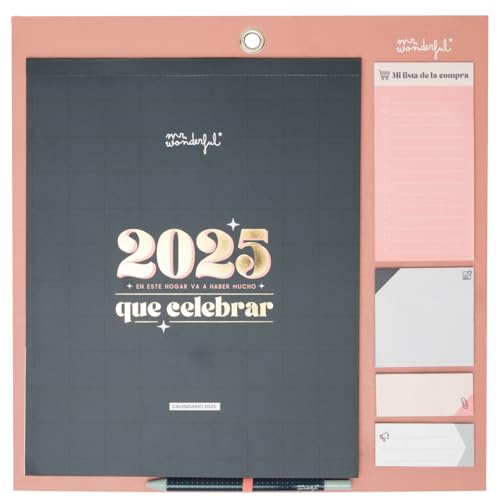 Mr. Wonderful - Calendario de Pared Magnético 2025 - En este hogar va a haber mucho que celebrar - Incluye 4 Hojas de Pegatinas y Notas Adhesivas