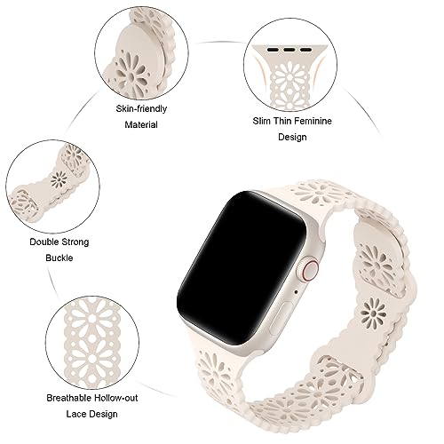 Image of 6 Pack Slim Thin Lace Hollow-out Silicone Bands Compatible with Apple Watch 38mm 40mm 41mm 42mm 44mm 45mm 46mm 49mm Women, Breathable Sport Strap for iWatch Series 11 /10 /9 /8 /7 /6 /5 /4 /3 /2 /1 Ultra SE