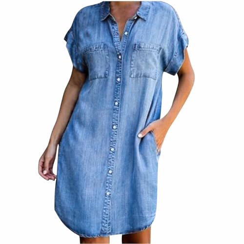 Bengbobar Women's Denim Shirt Dress Summer Casaul Loose Short Sleeve Button Down Jean Dress Plus Size Tunic Top with Pockets
